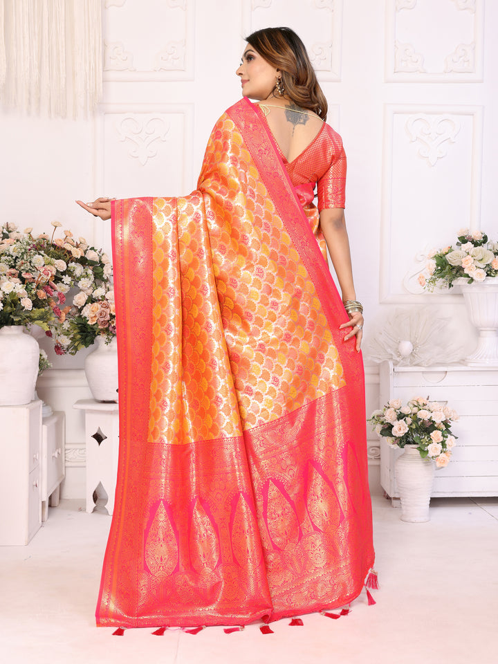 Orange Chaturi-1 Banarasi Chaturi silk saree Jari weaving Border and Weaving rich pallu
