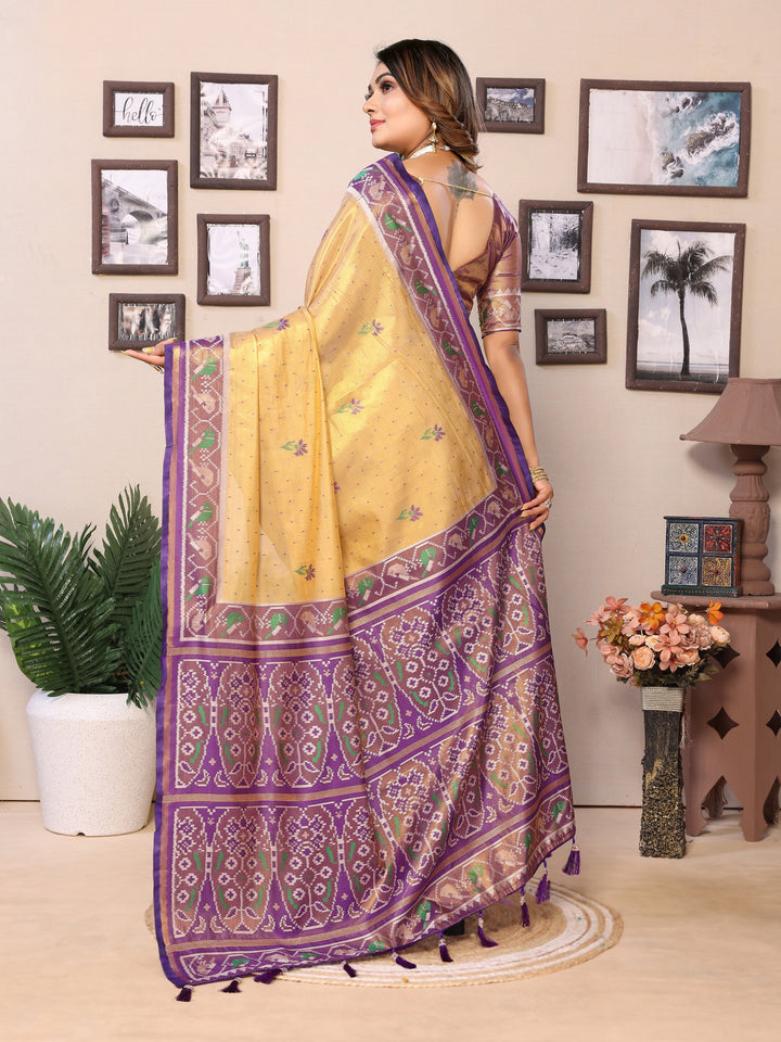 Yellow-Purple Surekha Banarasi Silk Saree With Contrast Patola Woven Borders & Pallu