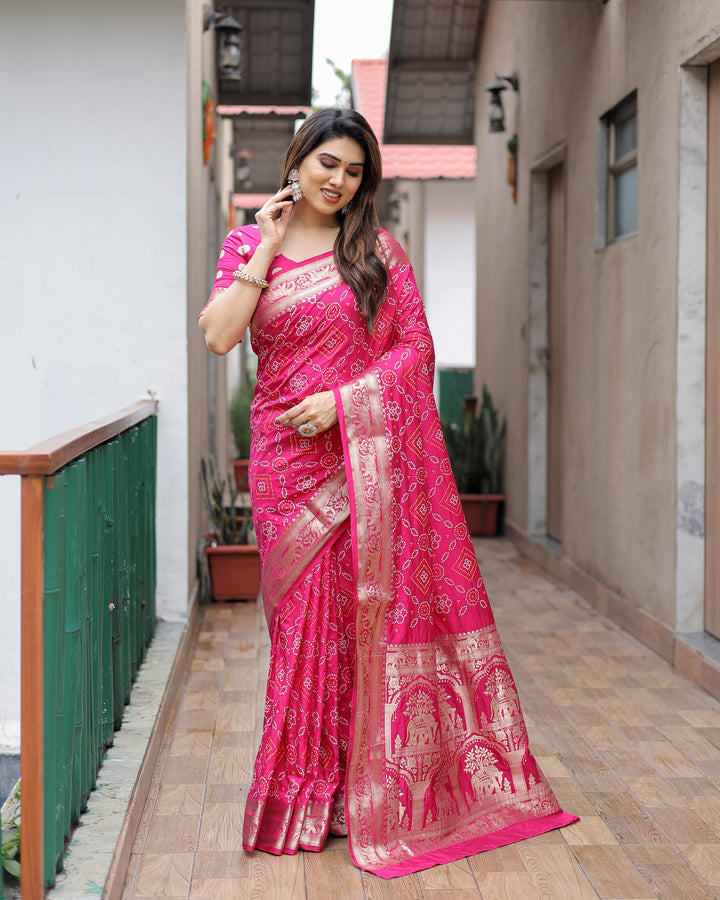Pink Pushpavati Soft Dola Silk Bandhej Sarees With Kanchi Weaving Border With Multicolour Bandhej Block Print Design
