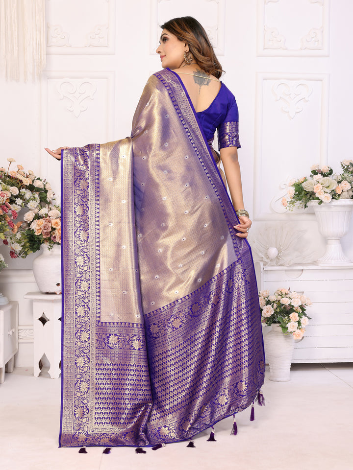 Purple Eshwari Banarasi tissue silk  sarees with all over Butti contrast woven borders classic pallu