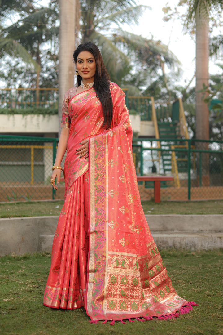 Pink Isha Organza Silk Sarees Ikkat Patola concept With Ikkat Patola weave pallu with tassels
