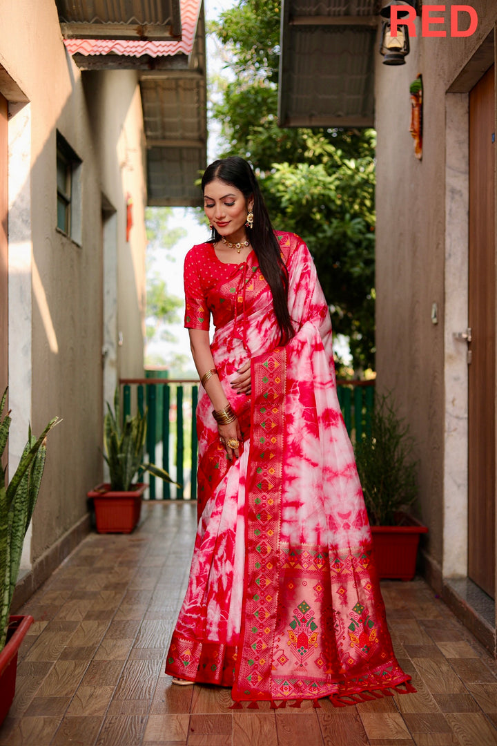Red Flora Sibori Print Paithani Silk Sarees  With Gold Zari Paithani Border & Contrast  Rich Pallu