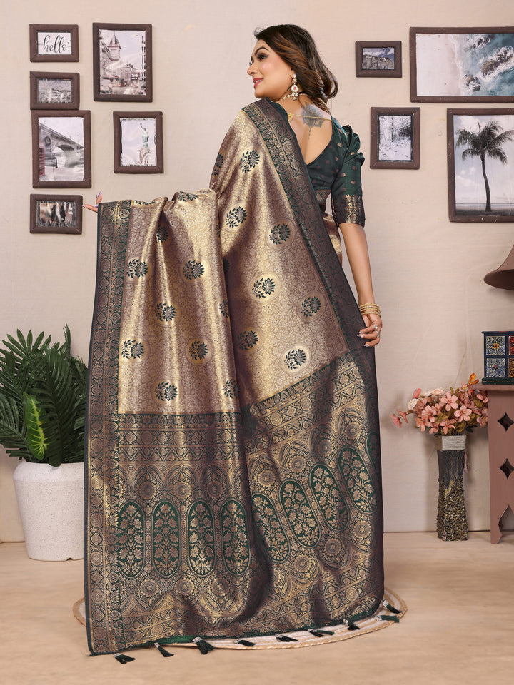 Green Mahek Handloom Tissue Silk Sarees with Zari Weaving and Contrast Zari  border