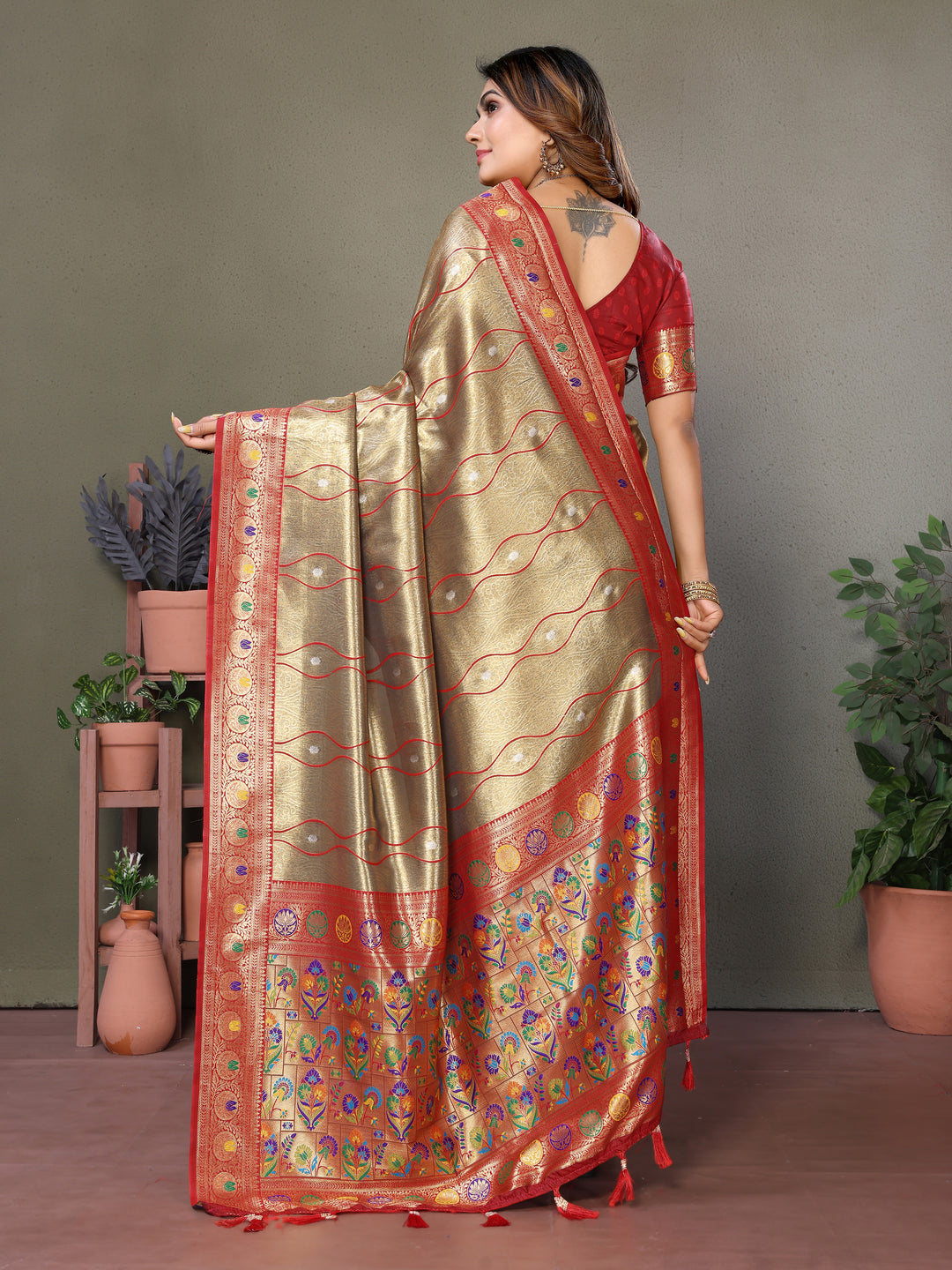 Beige Vasant Banarasi Tissue Silk Saree With Laheriya Woven Borders & Contrast Banarasi Pallu
