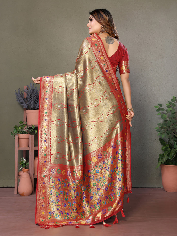 Beige Vasant Banarasi Tissue Silk Saree With Laheriya Woven Borders & Contrast Banarasi Pallu