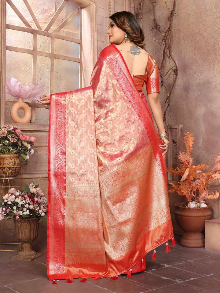 Red Vanita Tissue Silk Saree Zari Designs and Contrast Zari Borders & Rich Pallu