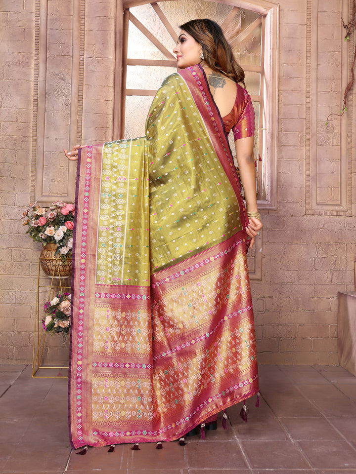 Green Tarveni Banarasi Tissue Silk (Patola weaving) Saree With Contrast Patola Woven Borders & Pallu
