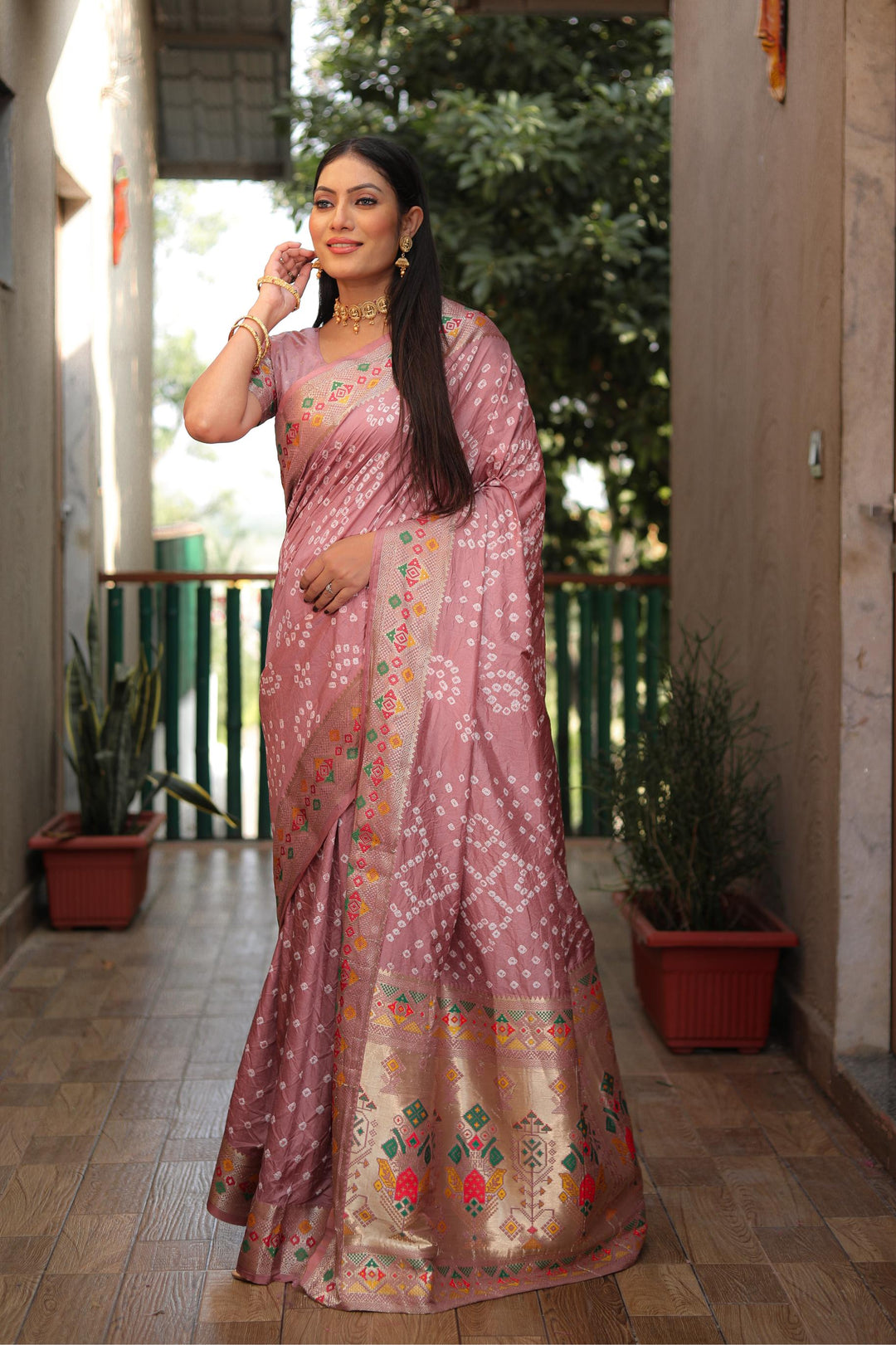 Light Pink Mayraa Pure Bandhej Silk Saree With Patola Border Zari Weaving Paithani And Paithani Rich Pallu