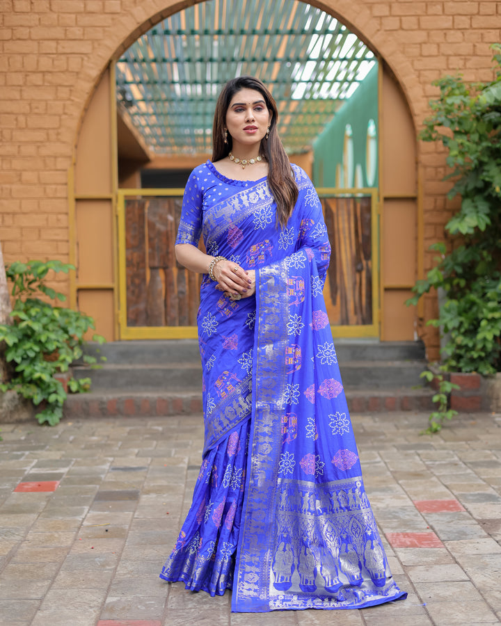 Blue Mastani Soft Dola Silk Bandhej Print Sarees With Kanchi Weaving Border And Allover Zari Border