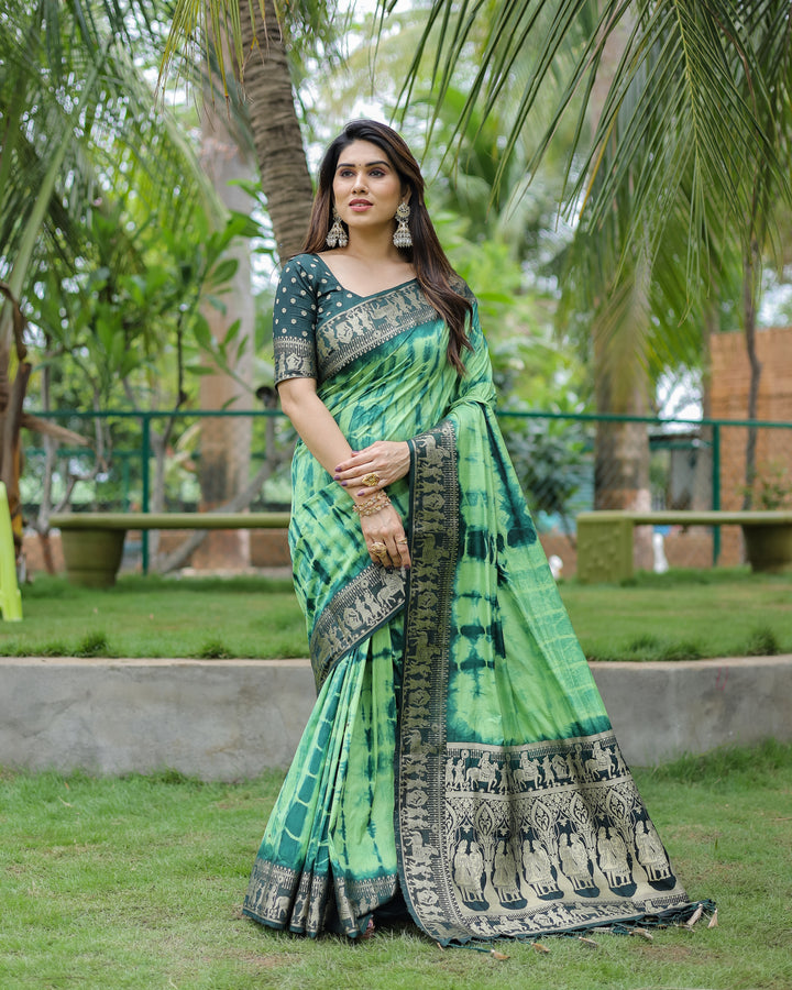 Green Rangavelly Sibori Print Paithani Silk Sarees With Gold Zari Paithani Border & Contrast Rich Pallu