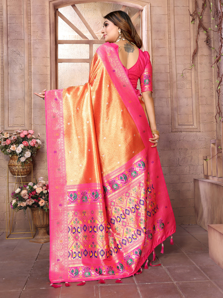 Orange Vimala Banarasi Silk Saree With Contrast Paithani Woven Borders & Pallu