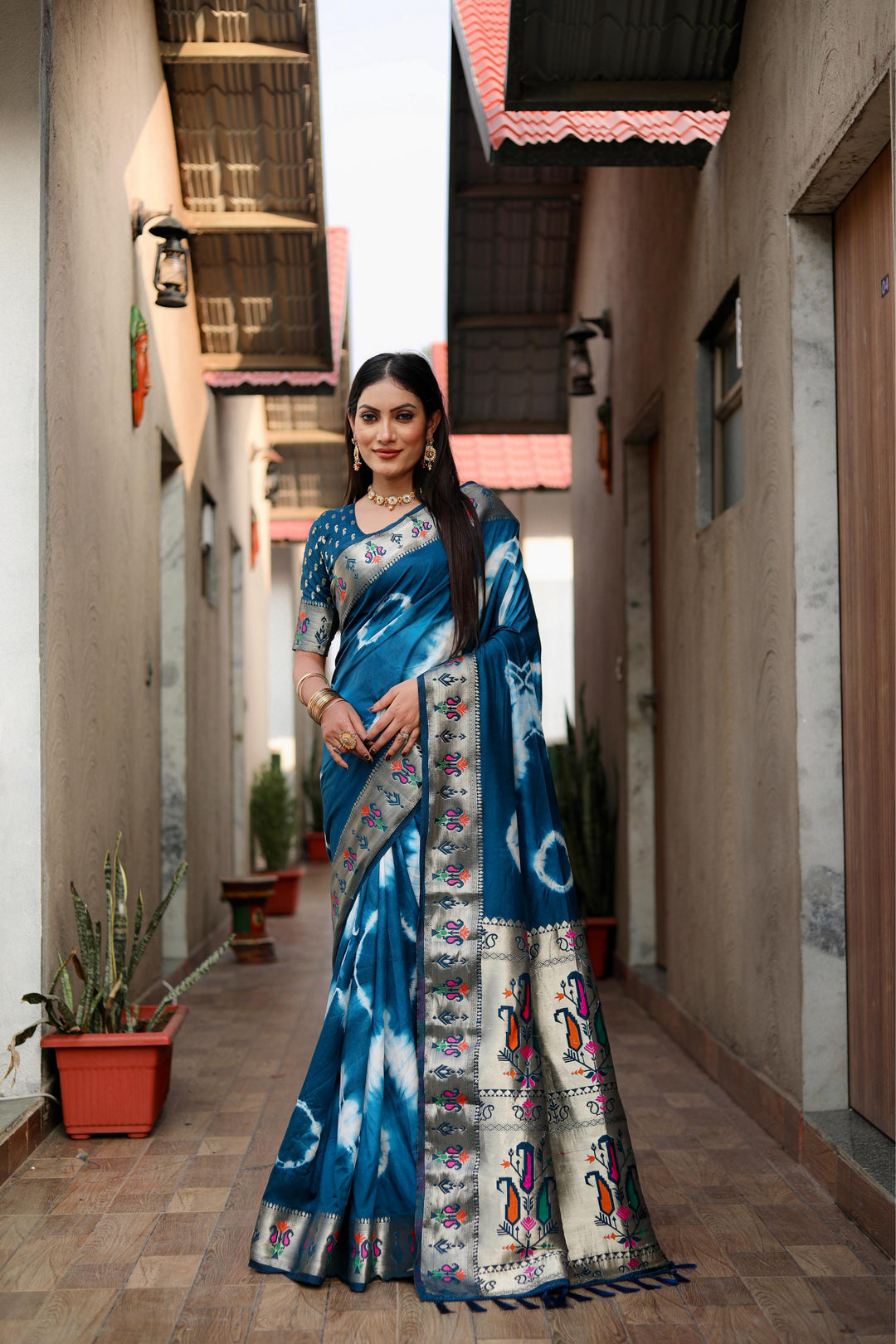 Blue Vatika Sibori Print Paithani Silk Sarees With Gold Zari Paithani Border & Contrast Rich Pallu