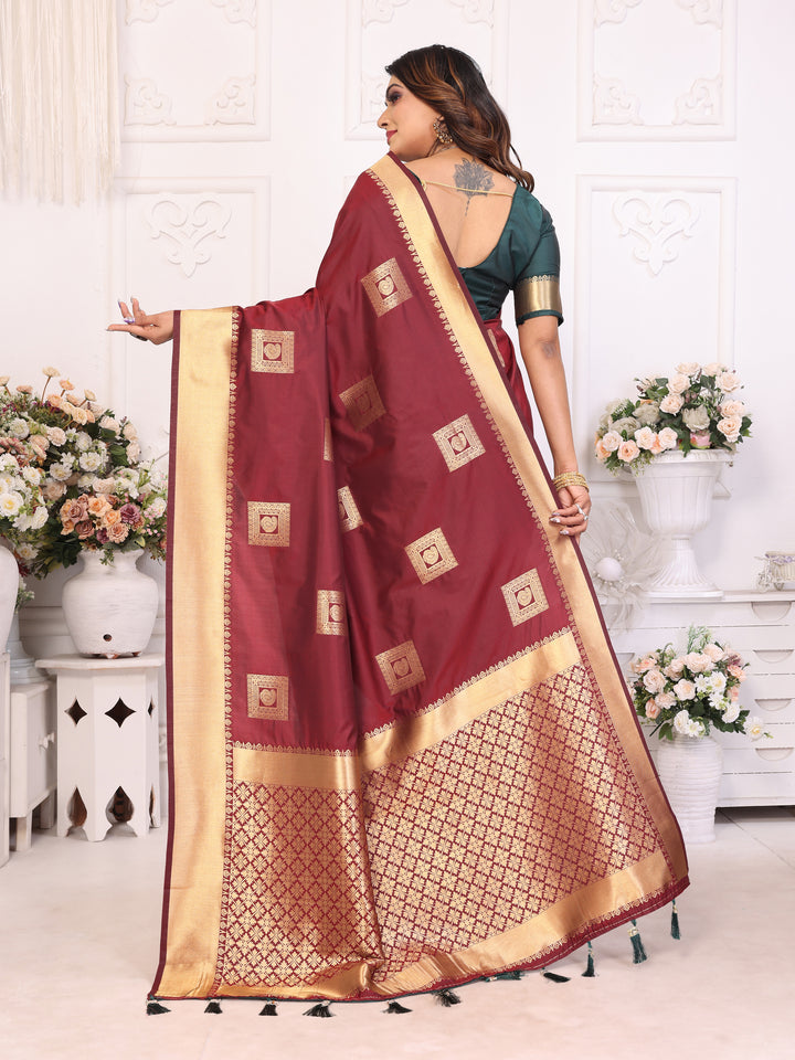 Maroon Sameera Lichi soft Silk sarees & woven Butta concept With woven Zari borders both sides