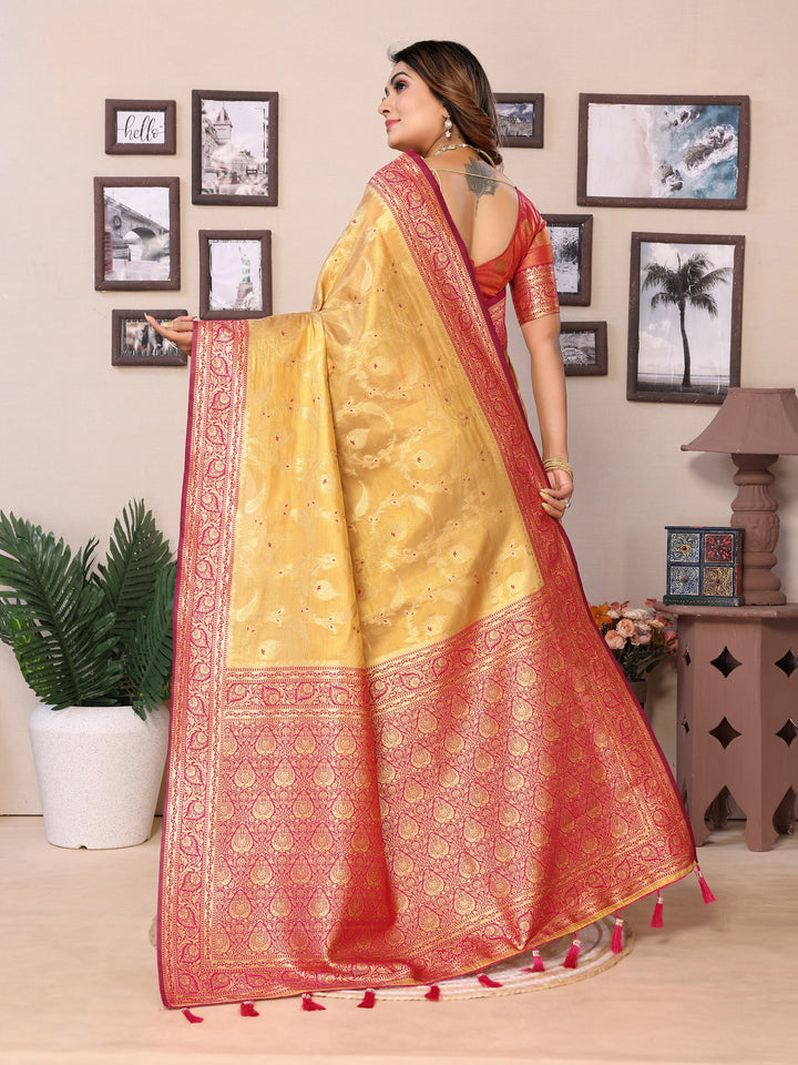 Red-Yellow Hema pure Banarasi Tissues silk sarees Its soft and silky with Meenkari woven border