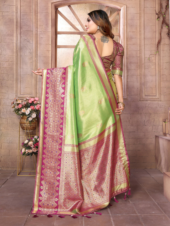 Green Sundari Banarasi Tissue Silk Saree With Contrast Banarasi Woven Borders & Pallu