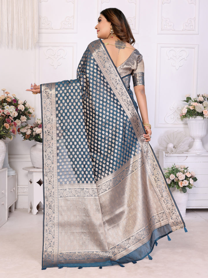 Blue Aruni Soft Organza Silk Banarasi Saree With Unique Butta With Unique Colours