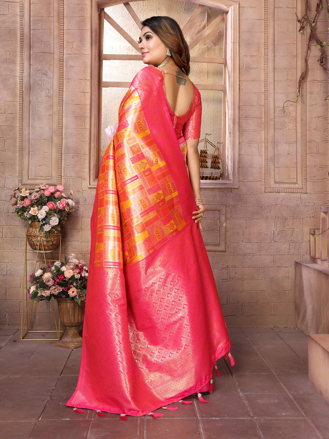 Orange Somya Banarasi Chaturi silk saree ,Jari weaving Border and Weaving rich pallu