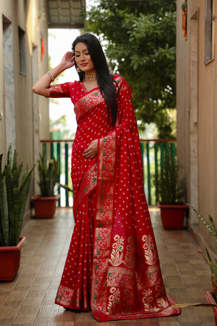 Red Nazakat Pure Bandhej Silk Saree With Patola Border Zari Weaving Paithani And Paithani Rich Pallu