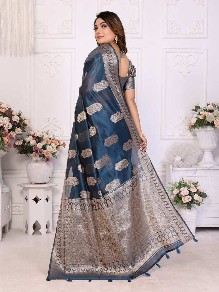 Navy Blue Vanshika Soft Organza Silk Banarasi Saree With Unique Butta With Unique Colours