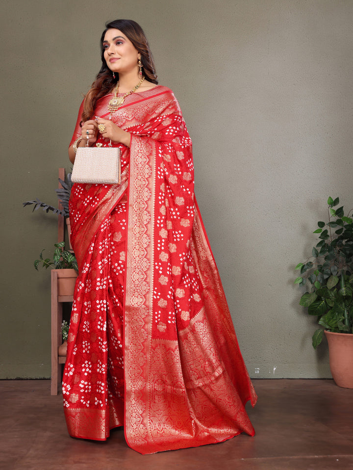 Red Shakuntala Bandhej Silk Saree With Zari Weaving Butta & Zari Rich Pallu With Beautiful Design & Broad Border