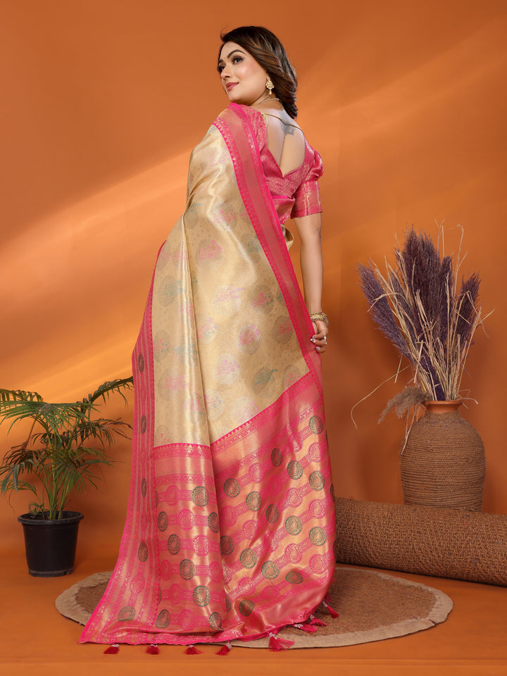 Beige Sonali Banarasi Silk Saree With Contrast Paithani Woven Borders & Pallu