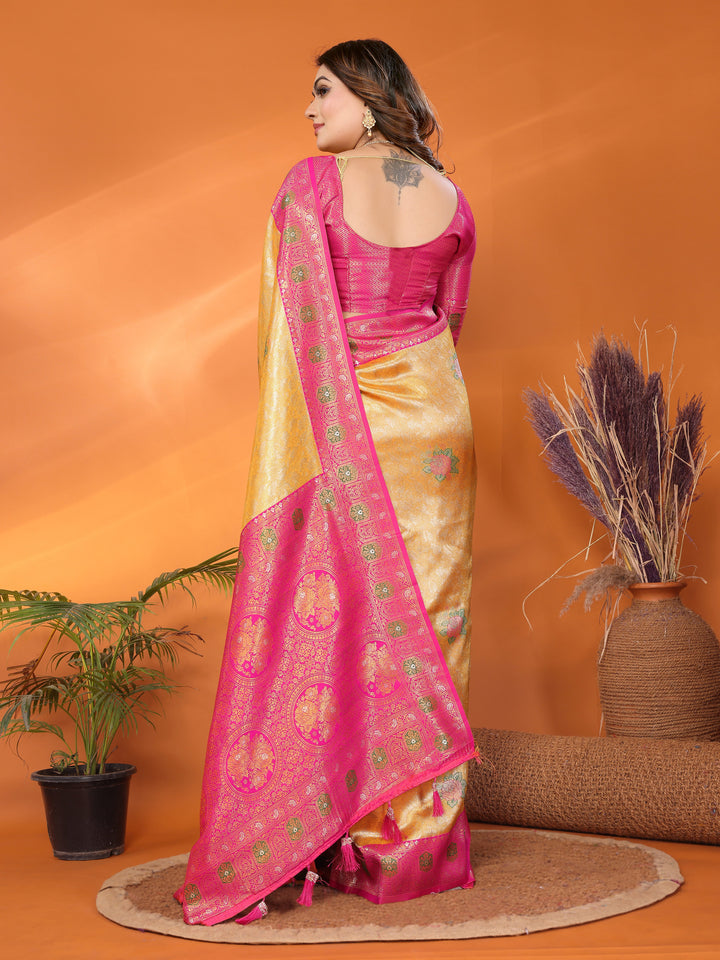 Yellow Saroj Banarasi Silk Saree With Contrast Paithani Woven Borders & Pallu