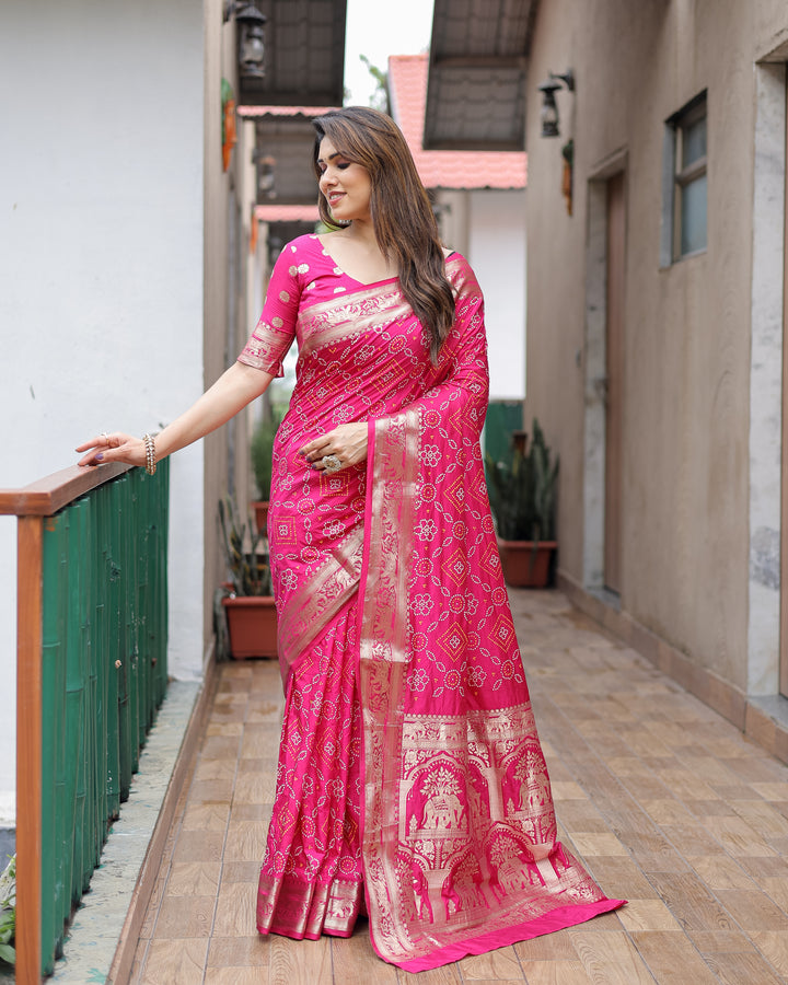 Pink Pushpavati Soft Dola Silk Bandhej Sarees With Kanchi Weaving Border With Multicolour Bandhej Block Print Design
