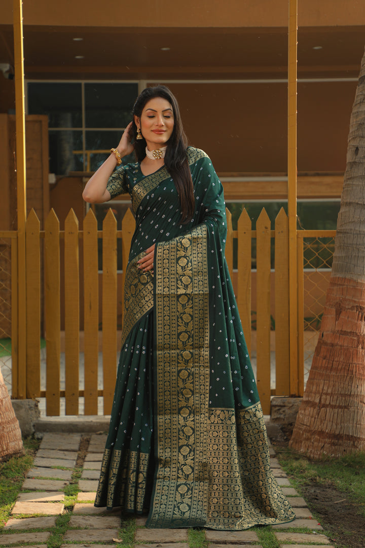 Green Toral Bandhej Kanjivaram Silk Saree Kanjivaram Border With Zari Weaving Rich Pallu