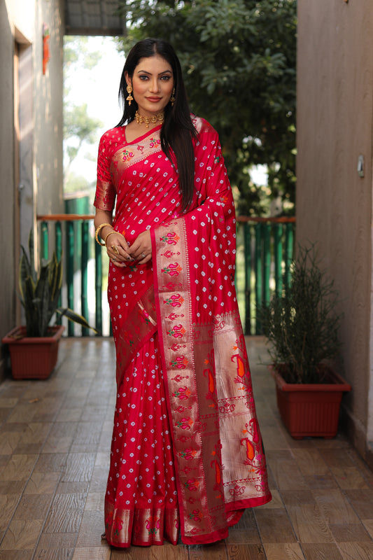 Red Yogeshwari Dola Soft Silk Bandhej Saree With Jari Border & Weaving Paithani Style Rich Pallu
