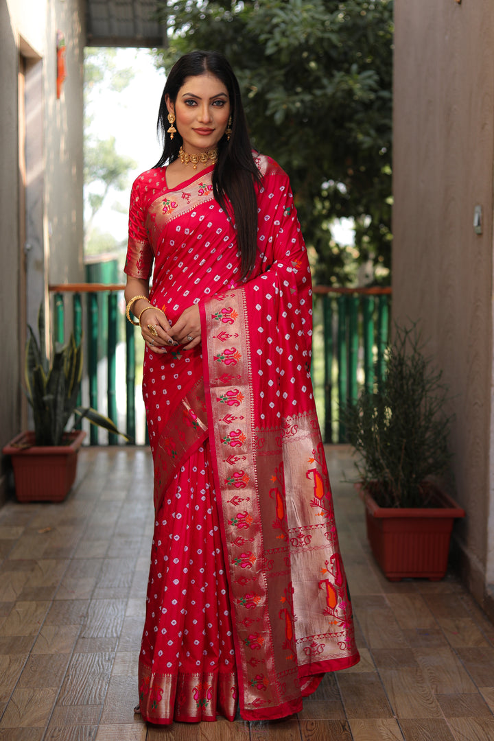 Red Yogeshwari Dola Soft Silk Bandhej Saree With Jari Border & Weaving Paithani Style Rich Pallu