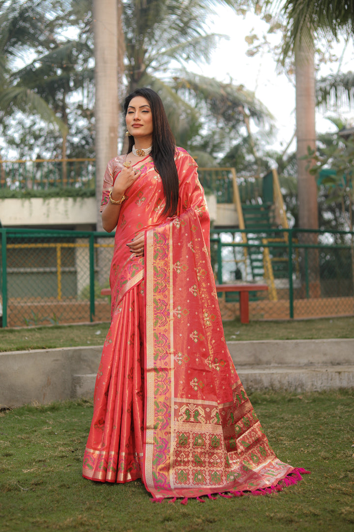Pink Isha Organza Silk Sarees Ikkat Patola concept With Ikkat Patola weave pallu with tassels