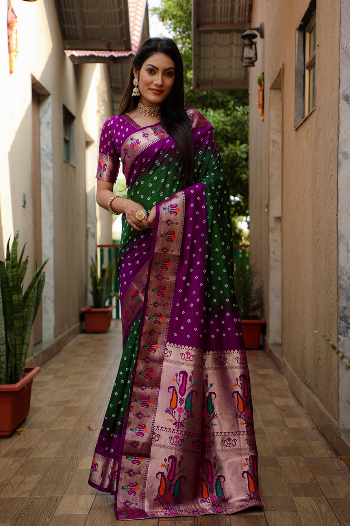 Green Chandani Dola Soft Silk Bandhej Sarees Jari Paithani Weaving Border & Weaving Paithani Style Rich Pallu