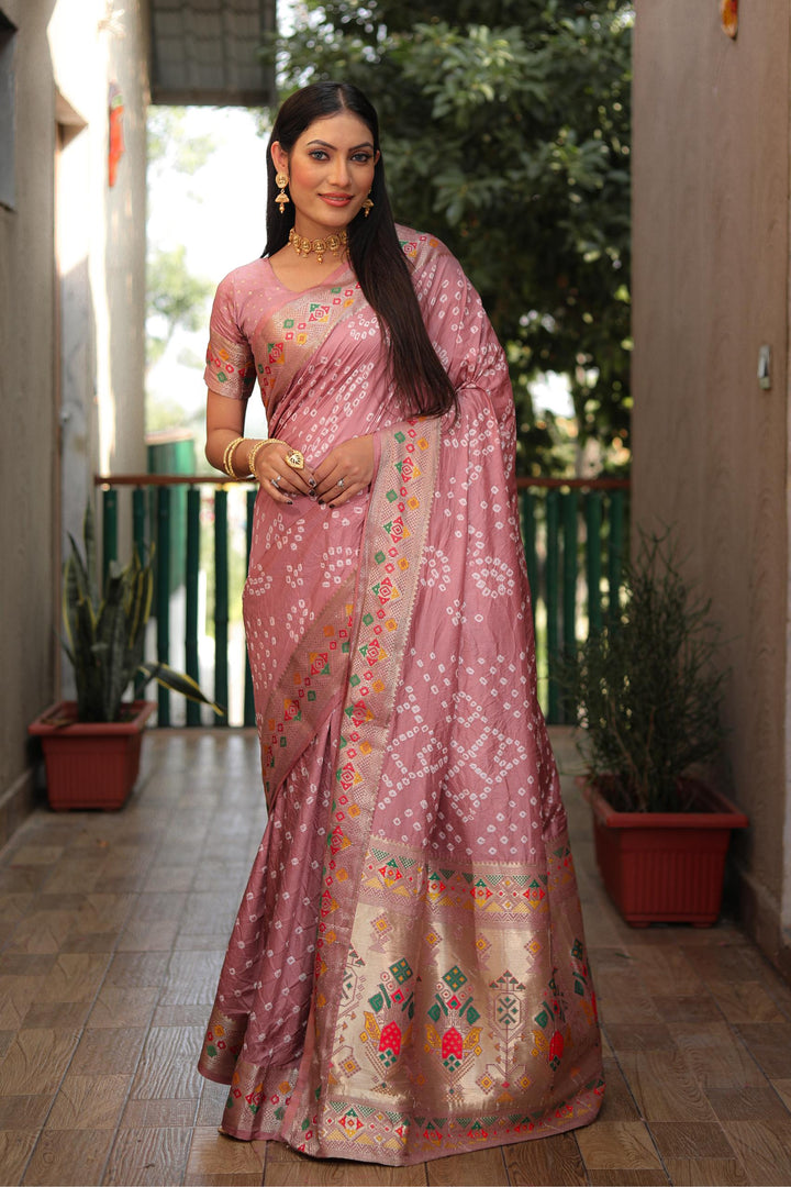 Light Pink Mayraa Pure Bandhej Silk Saree With Patola Border Zari Weaving Paithani And Paithani Rich Pallu