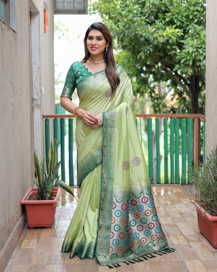 Green Kamlika Dola Silk With Unique Butta And Contrast Border & Rich Pallu