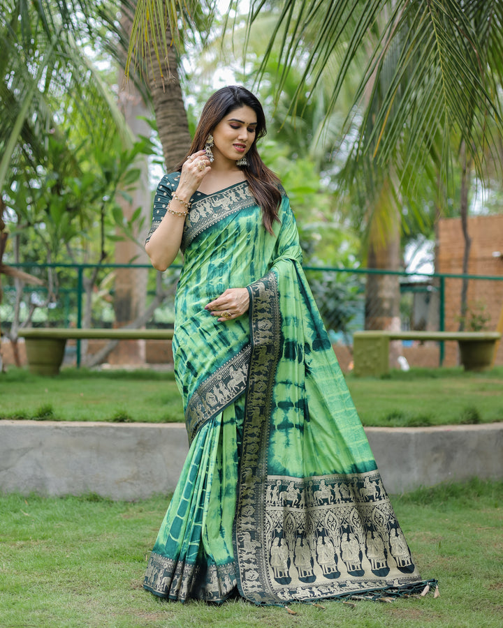 Green Rangavelly Sibori Print Paithani Silk Sarees With Gold Zari Paithani Border & Contrast Rich Pallu