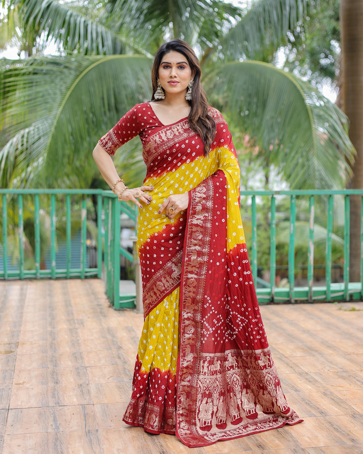 Lemon Yellow Vamika Pure Bandhej Silk Saree With Bandhej Border & Zari Weaving Rich Tissue Pallu
