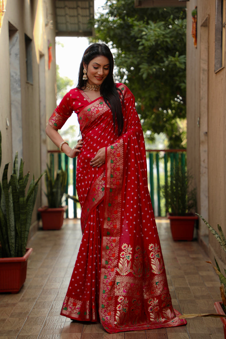 Red Nazakat Pure Bandhej Silk Saree With Patola Border Zari Weaving Paithani And Paithani Rich Pallu