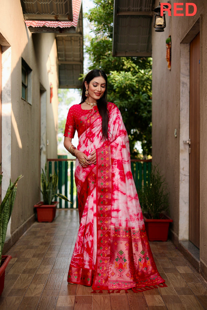 Red Flora Sibori Print Paithani Silk Sarees  With Gold Zari Paithani Border & Contrast  Rich Pallu