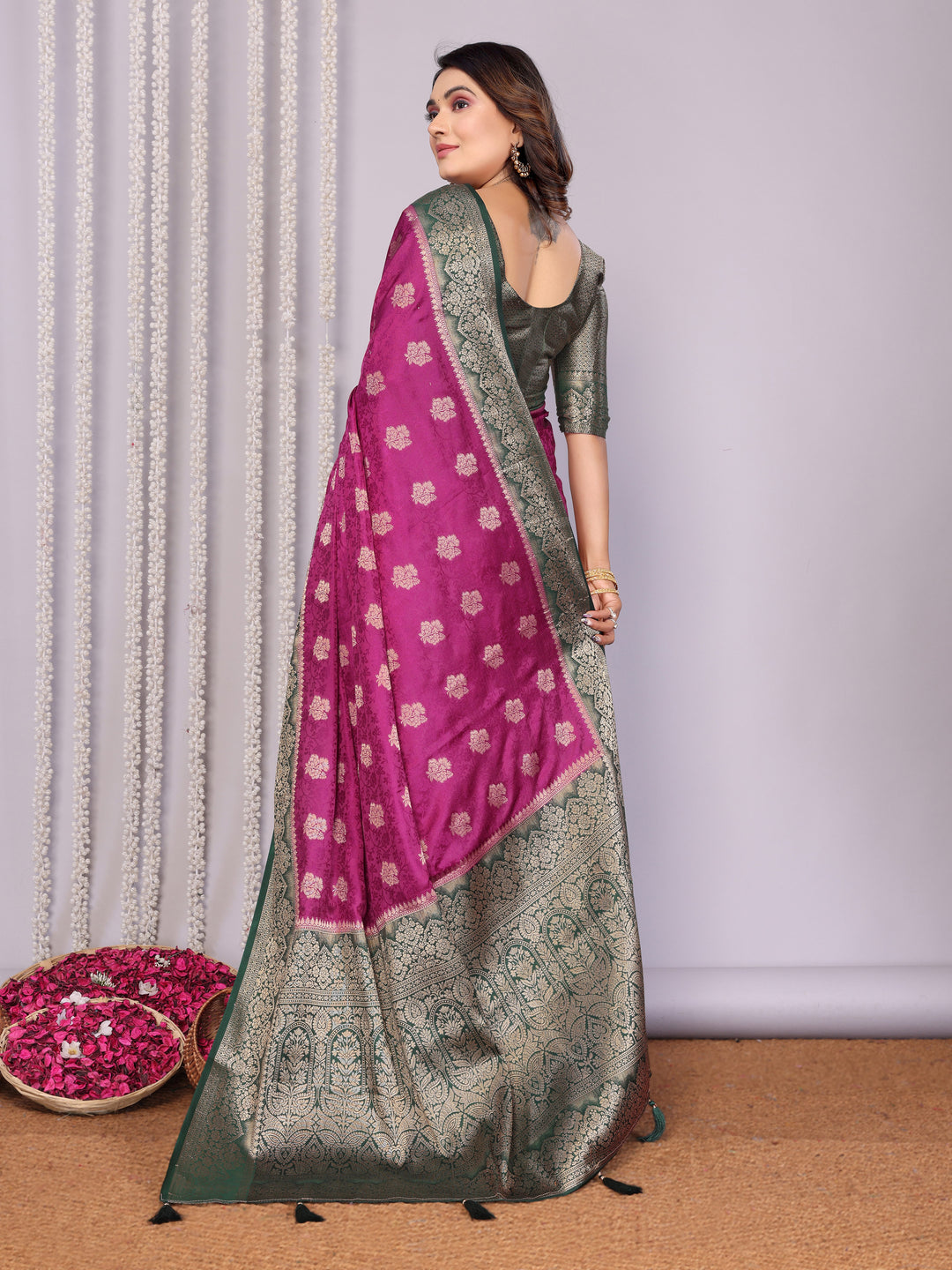 Purple Sandhya Satin Silk Sarees With Butta Designs & Contrast Zari Woven Borders