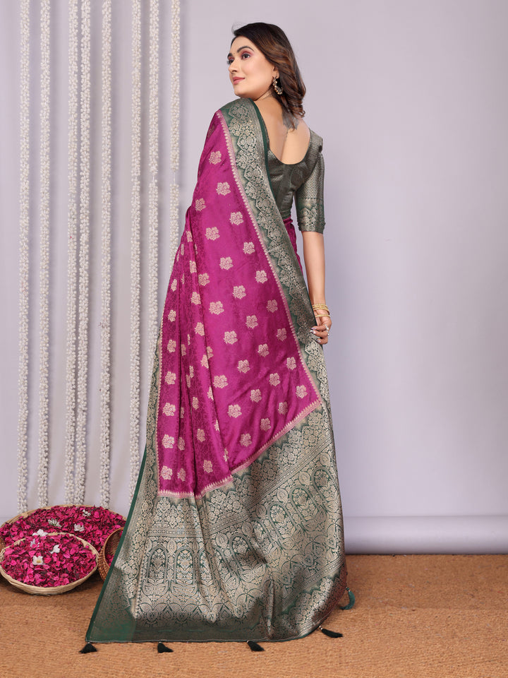 Purple Sandhya Satin Silk Sarees With Butta Designs & Contrast Zari Woven Borders