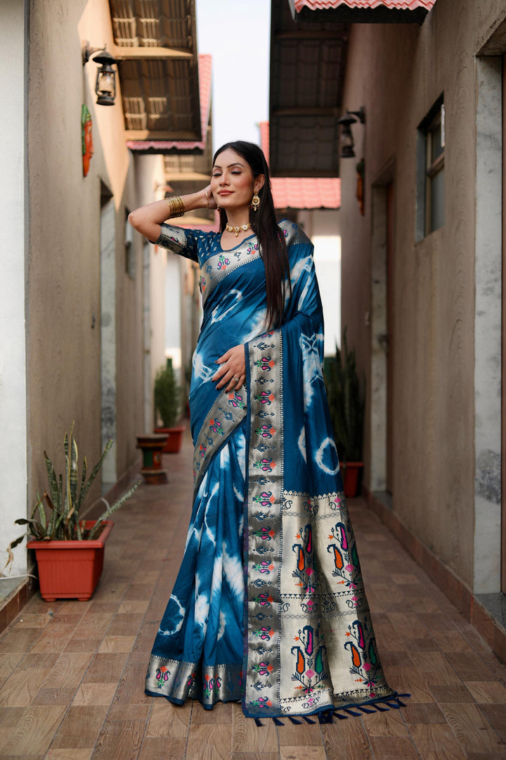 Blue Vatika Sibori Print Paithani Silk Sarees With Gold Zari Paithani Border & Contrast Rich Pallu