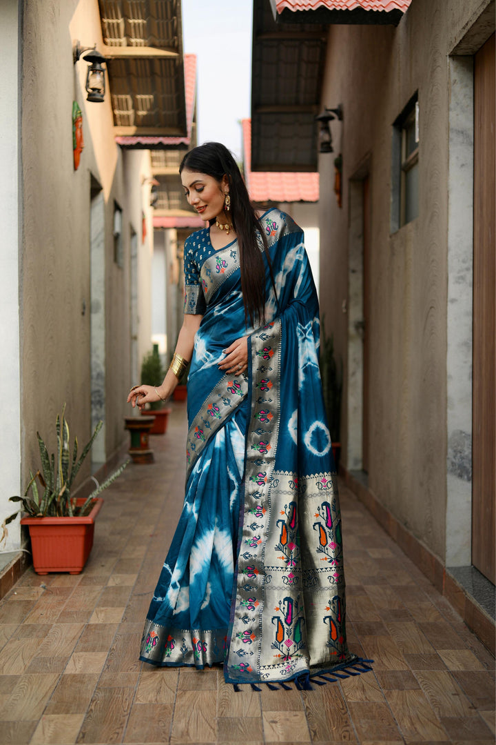 Blue Vatika Sibori Print Paithani Silk Sarees With Gold Zari Paithani Border & Contrast Rich Pallu