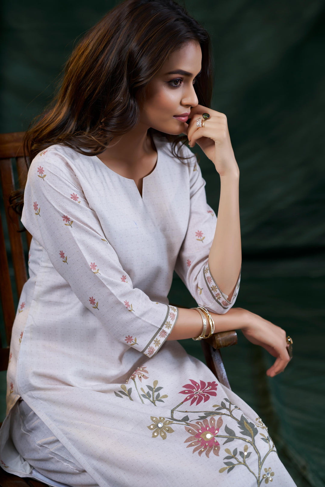 White Color Cotton Lilen With Print And Embroidery Work Kurti