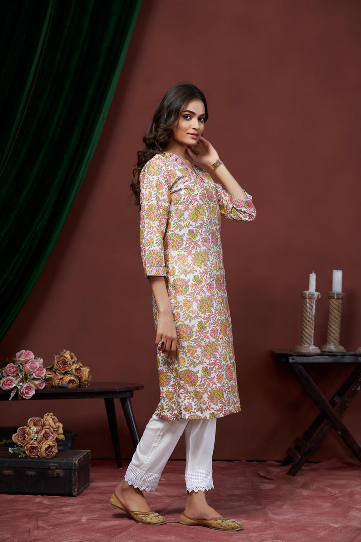 White and Pink Color Cotton Lilen With Print And Embroidery Work Kurti