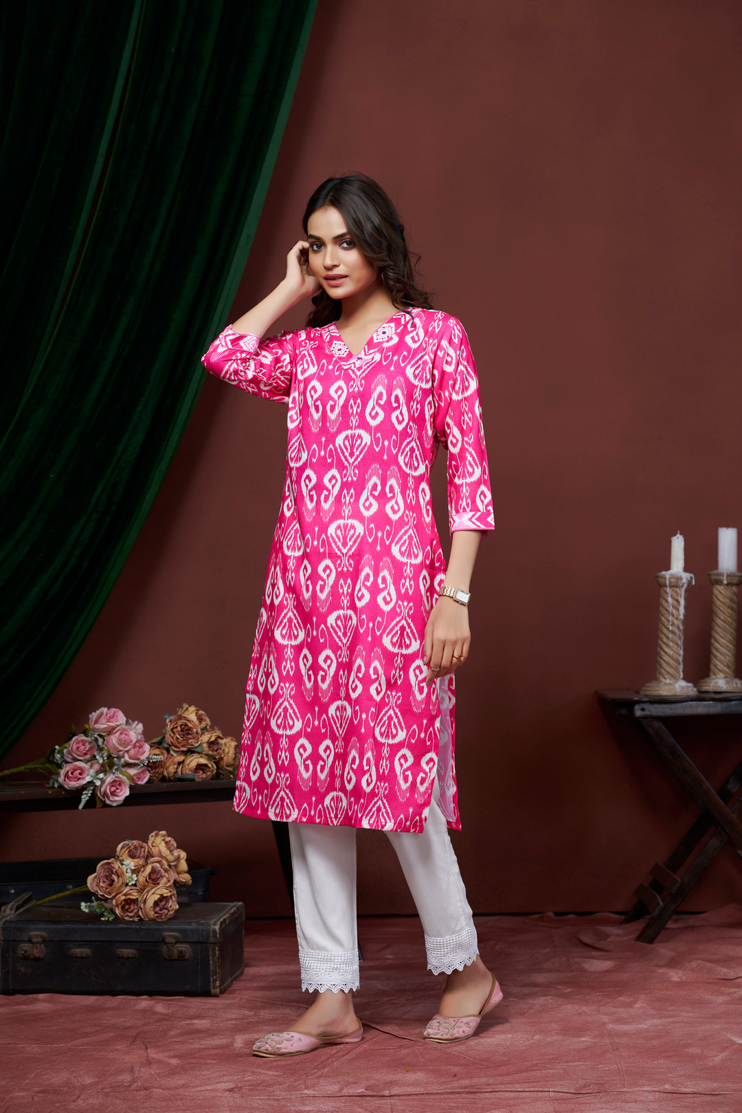 Pink Color Cotton Lilen With Print And Embroidery Work Kurti