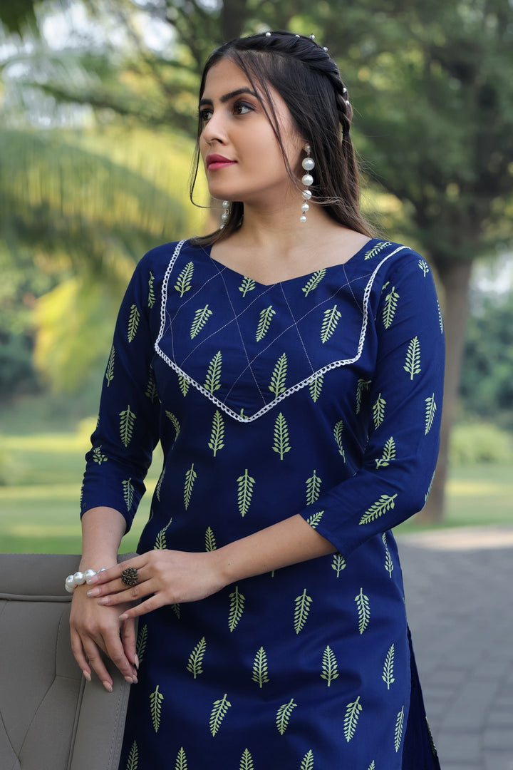 Navy Blue Color Cotton Blend Digital Print Kurta With Pant Set