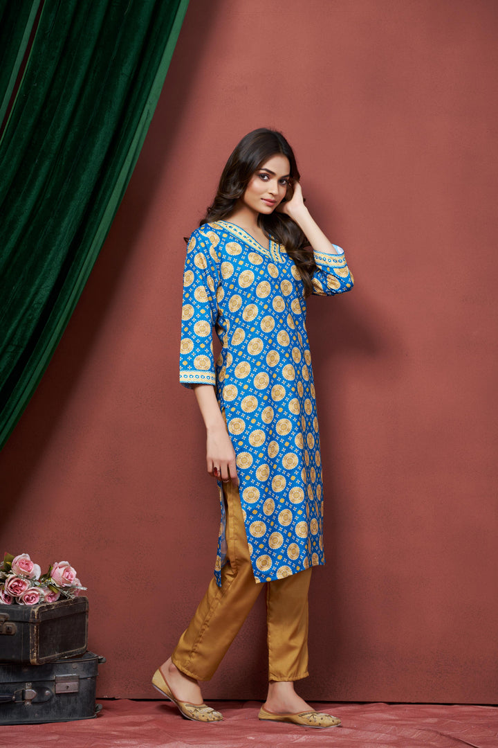 Blue Color Cotton Lilen With Print And Embroidery Work Kurti
