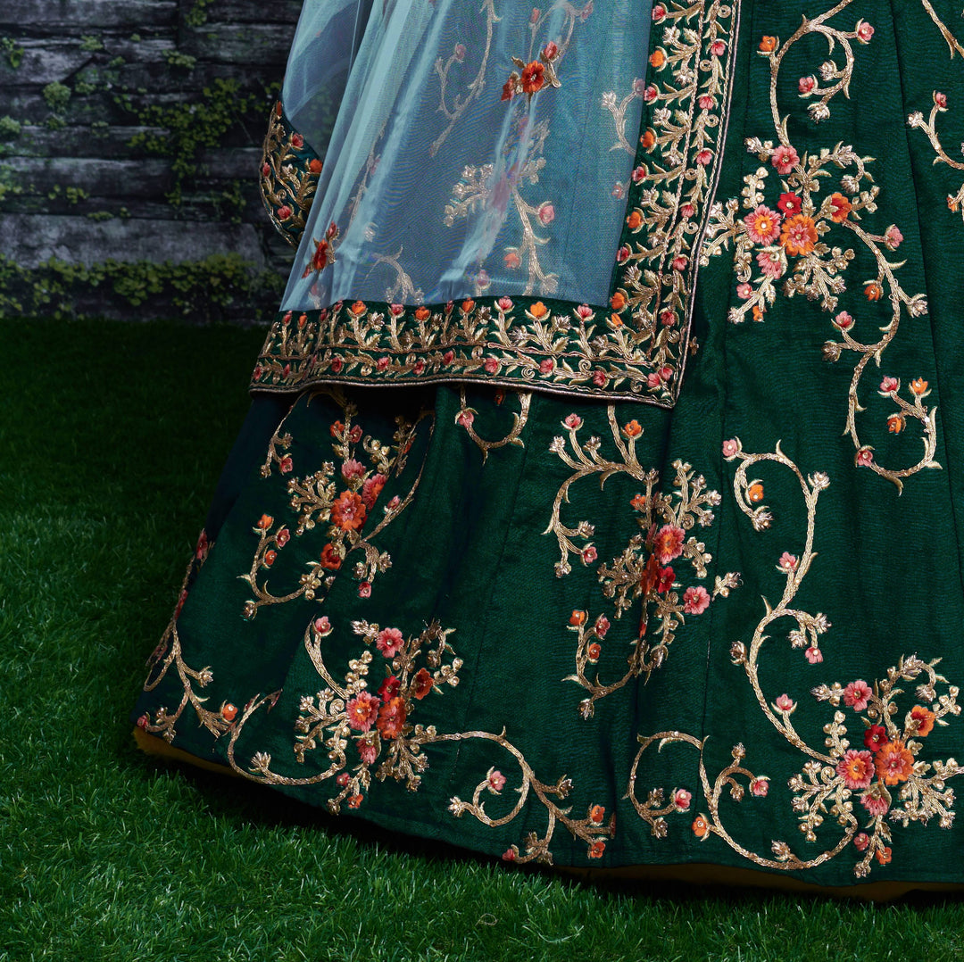Green Color Taffeta Silk Sequins Embroidery with diamond work Lehenga Choli