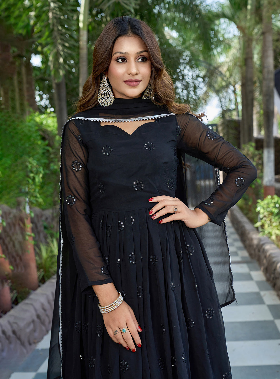 Indian Partywear Black Georgette Anarkali Gown With Heavy Embroidery Sequence Work And Dupatta For Women, Designer Gown,Traditional Dress