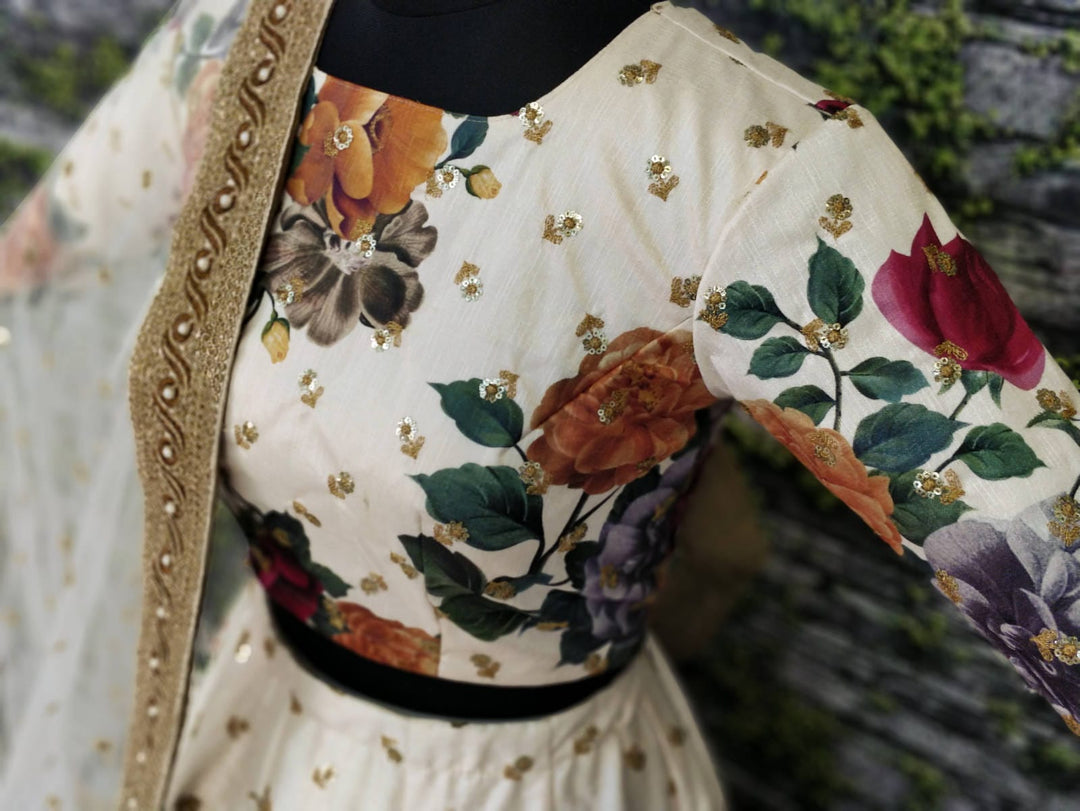 Cream Color Art Silk Sequins Embroidered Border and Pearl work Lehenga Choli